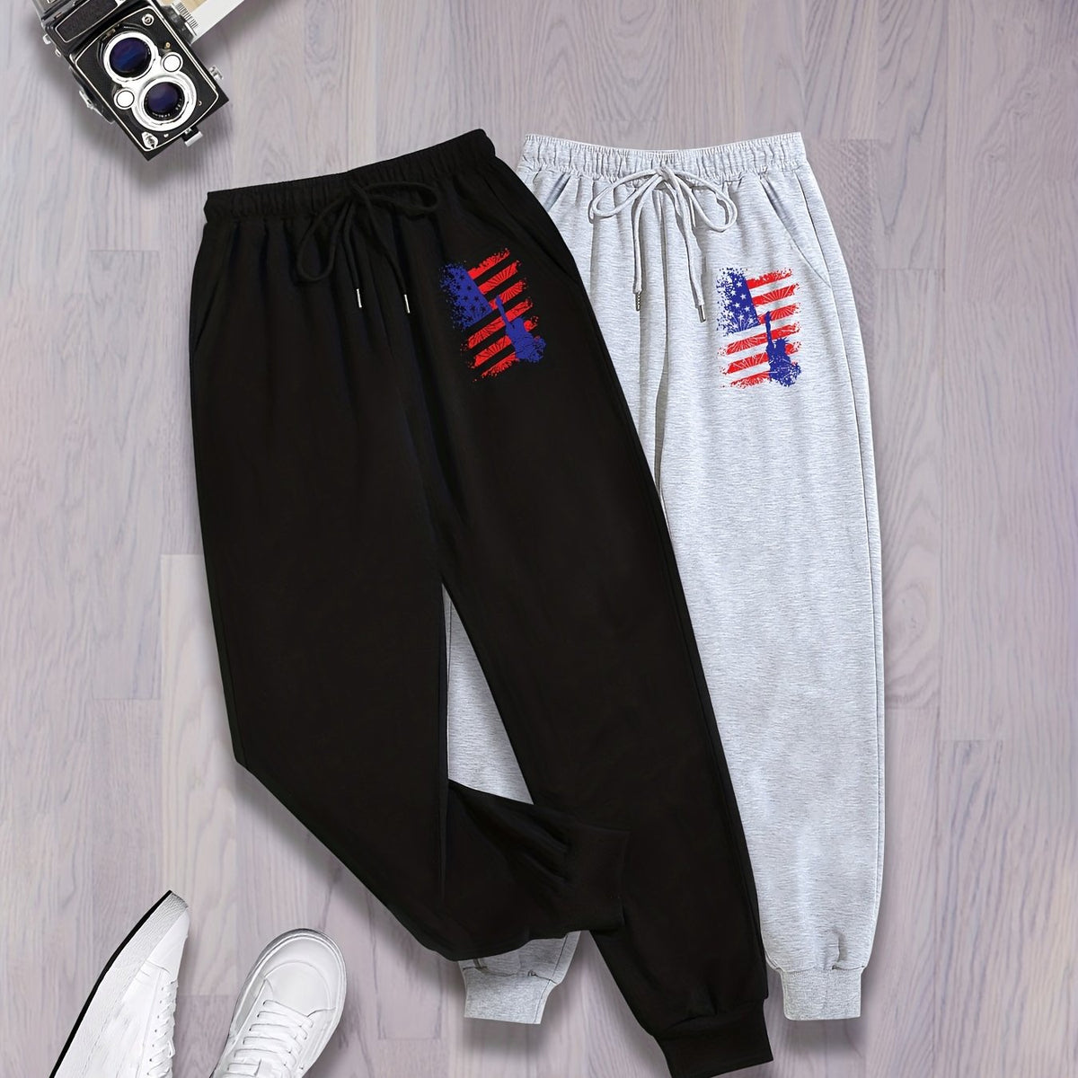 2 Pack Women's Plus Flag Print Independence Sports Pants
