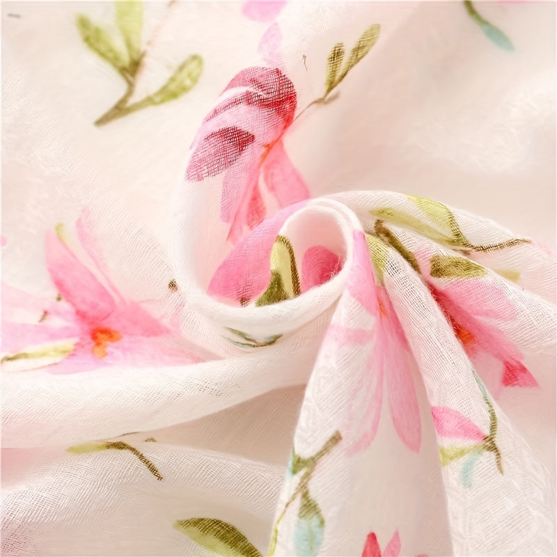 Pink Flower Print Scarf Gauze Tassel Shawl Casual Windproof Head Wrap