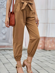  Casual Pants Women's Plus Solid Elastic Belted High Rise Trousers