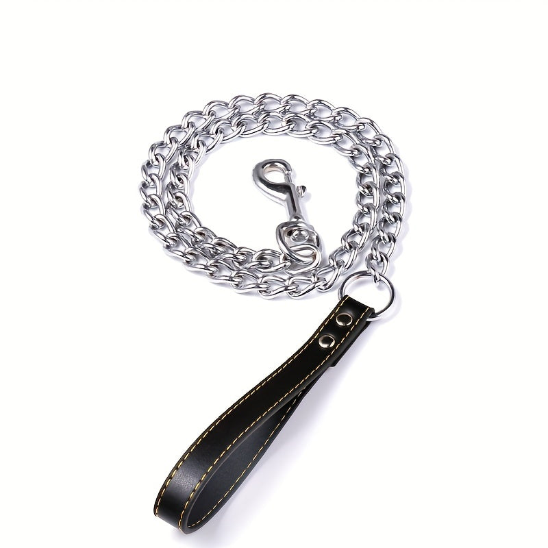 Metal Chain Dog Lead with Leather Handle - Training Leash for Indoor Outdoor