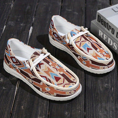 Retro Pattern Canvas Shoes Soft Sole Flat Sneakers Comfortable Lace Up Loafers