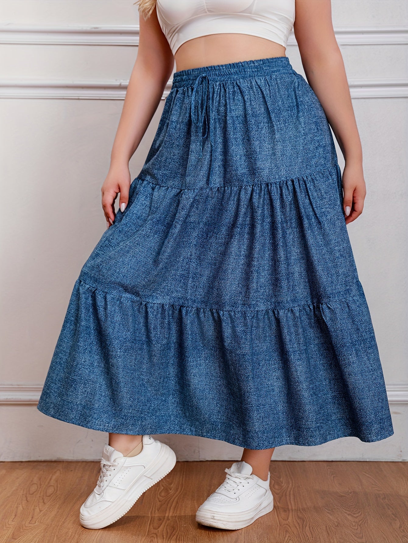  Casual Skirt Women's Plus Denim Print Drawstring Elastic High Rise