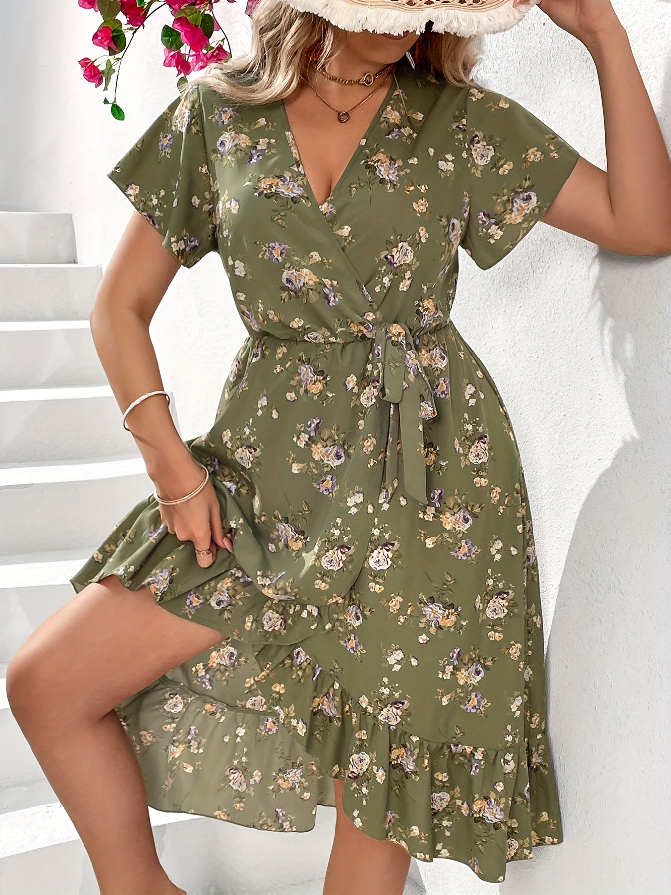 Floral Print Knot Side Wrap Allover Dress