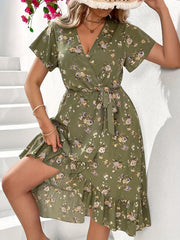 Floral Print Knot Side Wrap Allover Dress