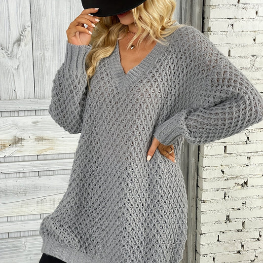 Solid Knit Sweater V Neck Long Sleeve Solid Sweater Women's Clothing