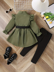 Girl's 2pcs Shirt & Pants Set Ruffle Decor Outfit For Spring Fall