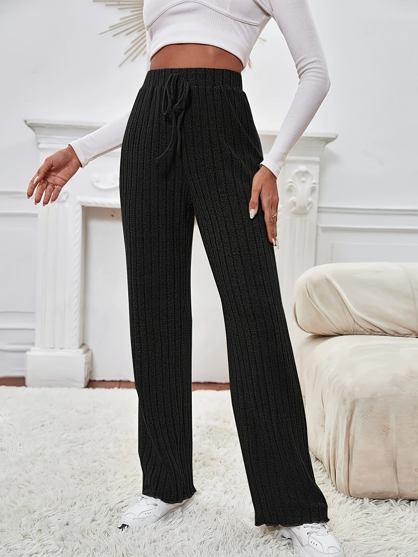  Ribbed High Rise Wide Leg Trousers