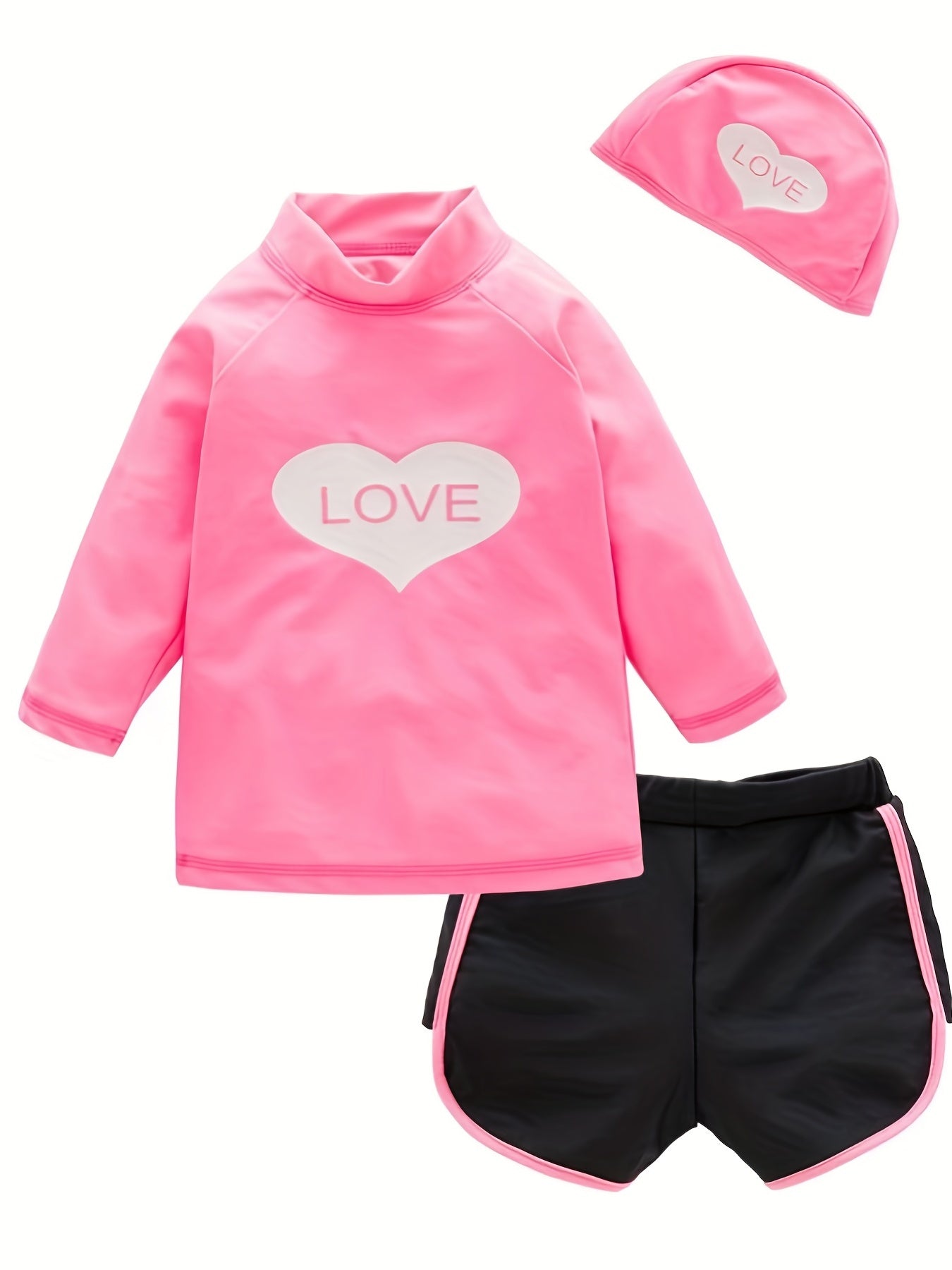 Girls 3pcs Swimsuit Long Sleeve Top & Shorts & Swim Cap LOVE Heart Pattern
