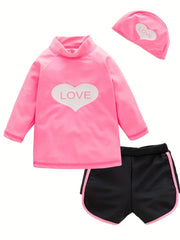 Girls 3pcs Swimsuit Long Sleeve Top & Shorts & Swim Cap LOVE Heart Pattern