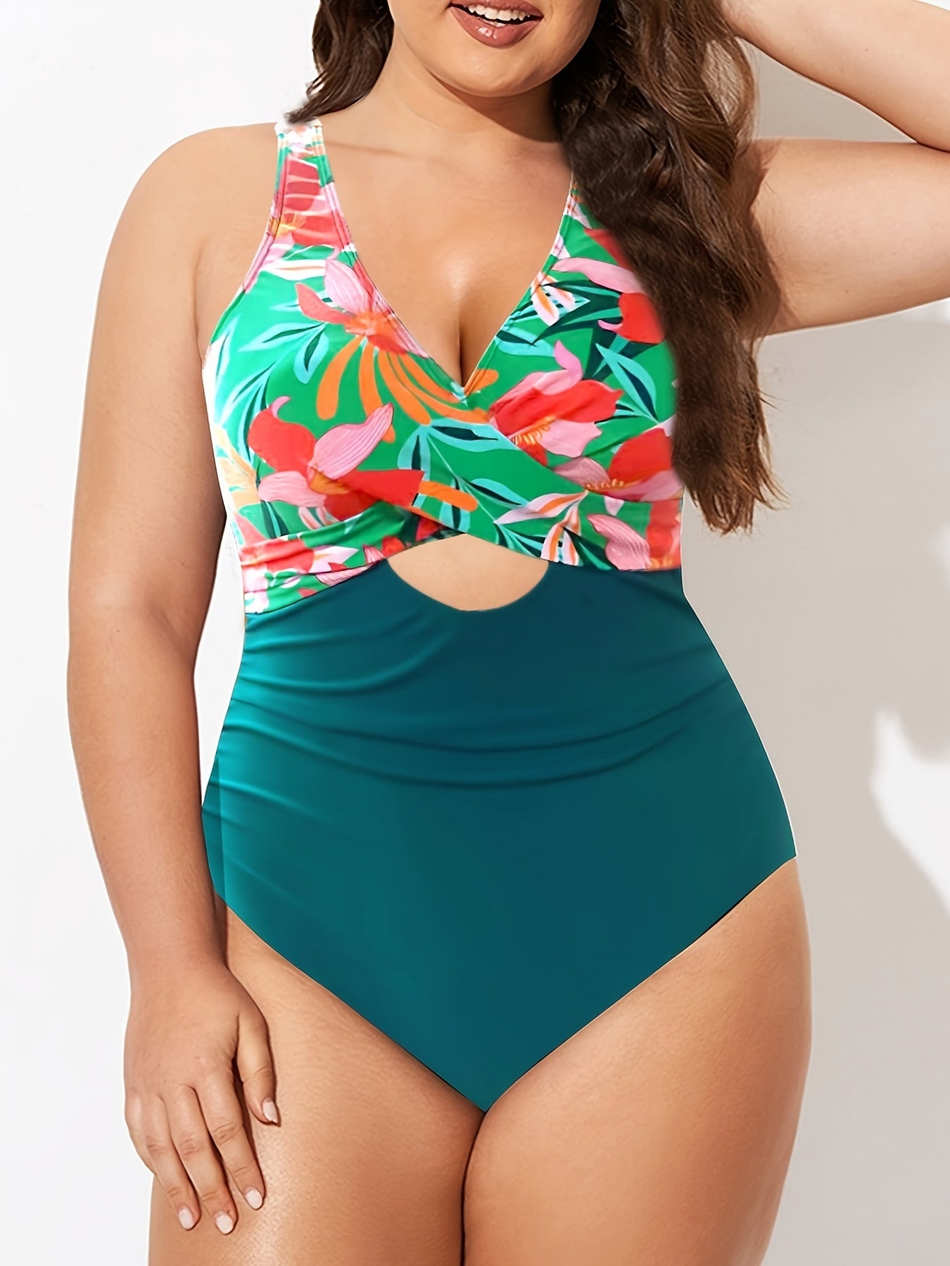  Colorblock Floral Print One Piece Swimsuit
