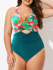  Colorblock Floral Print One Piece Swimsuit