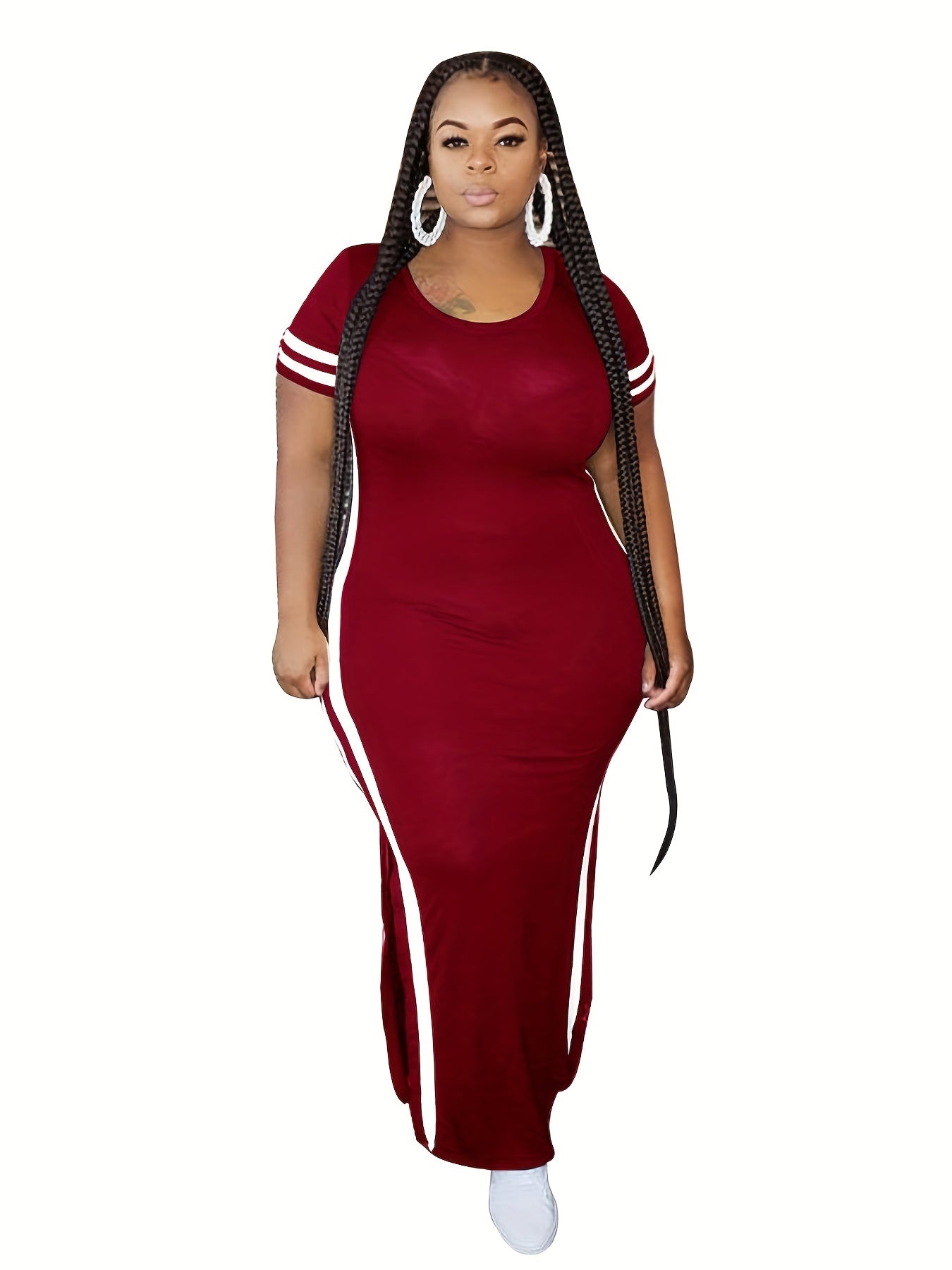  Stripe Print Short Sleeve Maxi Dress