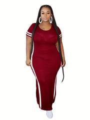  Stripe Print Short Sleeve Maxi Dress