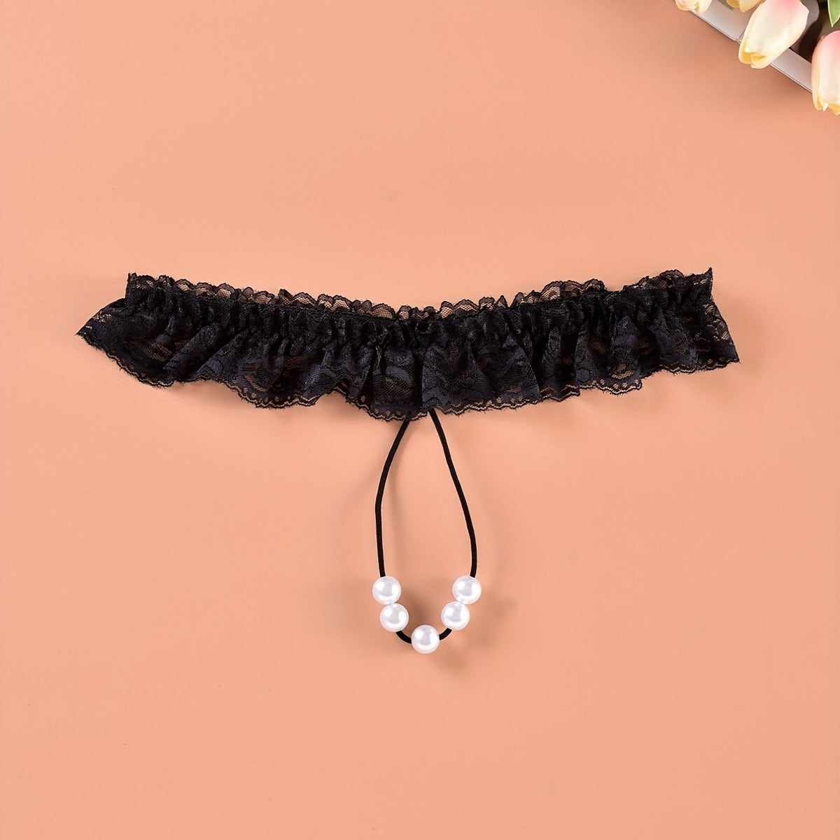 Floral Lace Ruffle Thongs with Faux Pearl Intimates Panties
