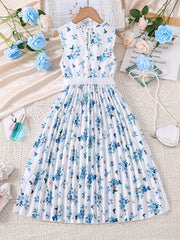 Floral Print Sleeveless Pleated Casual Midi Dress with Ruffle V Neck