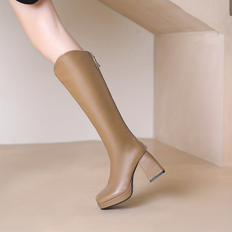 Women's Square Toe Block Heeled Boots Back Zip Dress Boots