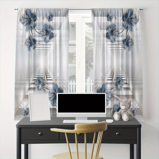 2pcs Flower Rod Pocket Printed Curtain for Home Decoration