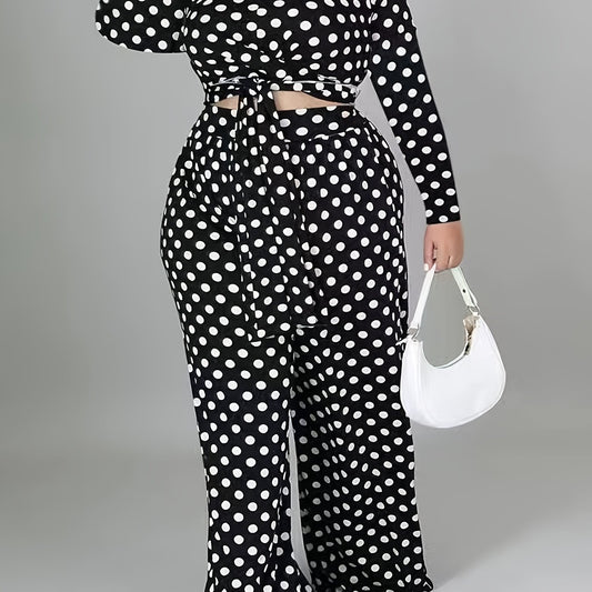  Polka Dot Print Long Sleeve Crop Top & Wide Leg Pants Set