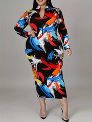  Graffiti Print Bodycon Dress with Half Zipper