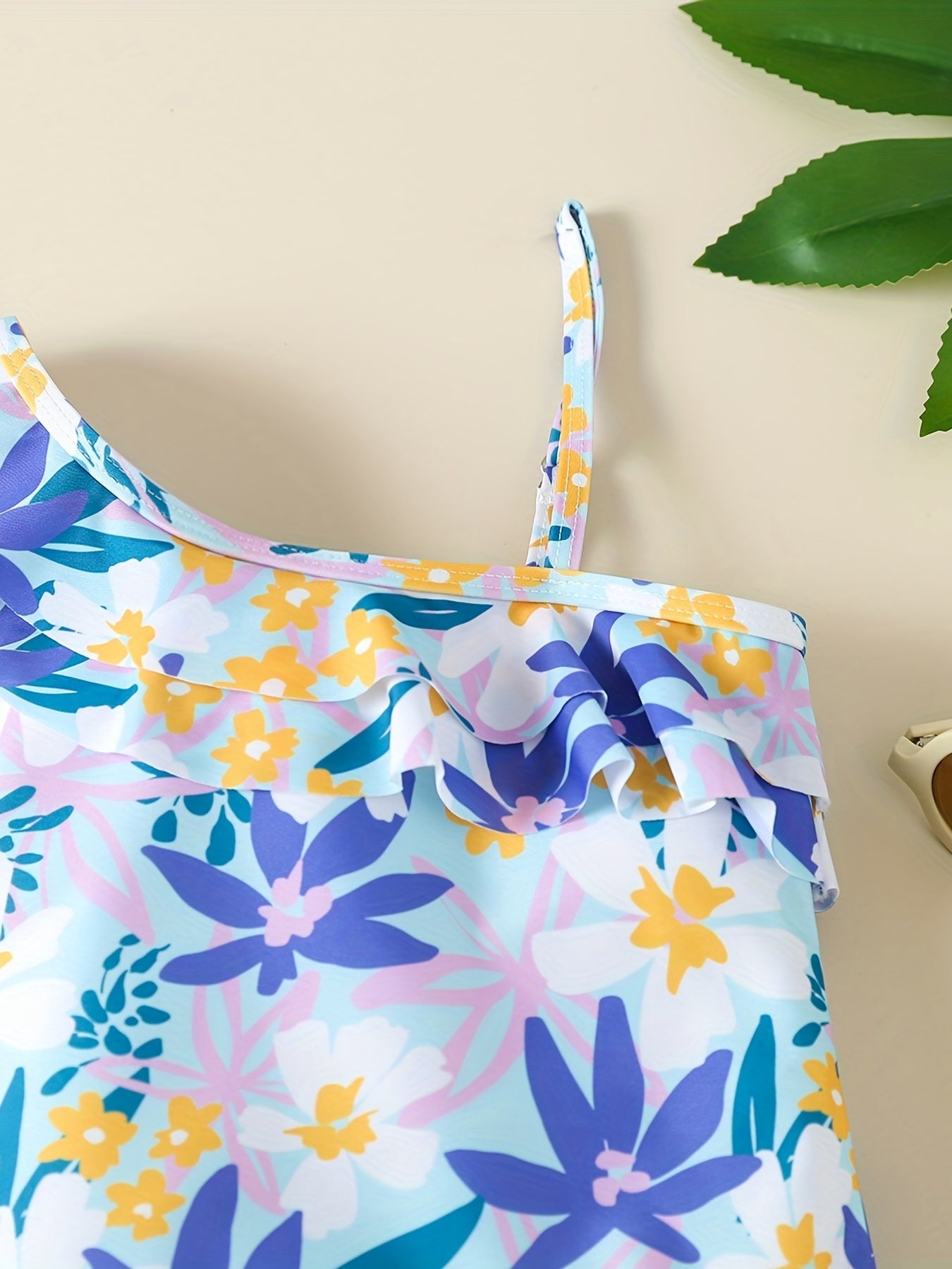 One Shoulder Swimsuit with Flower Graphic and Ruffled Trim