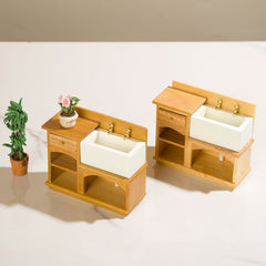 1:12 Scale Wooden Vanity with Mirror Rustic Bathroom & Kitchen Decor