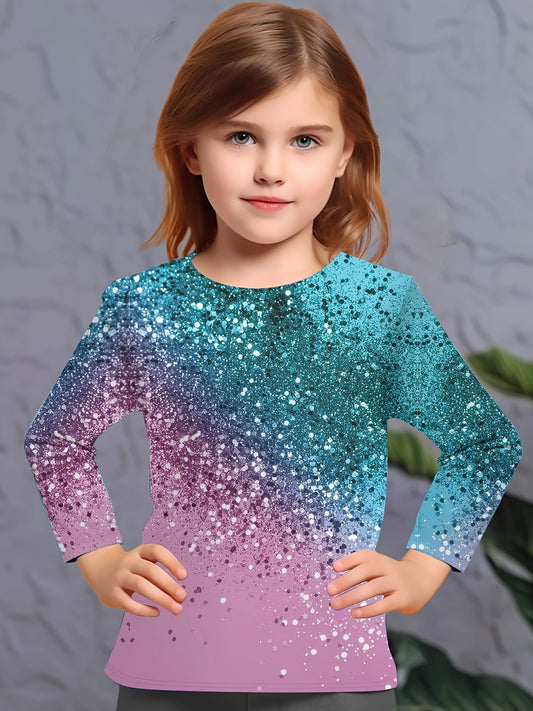 Dreamy 3D Fish Scale Print Long Sleeve Tee for Girls