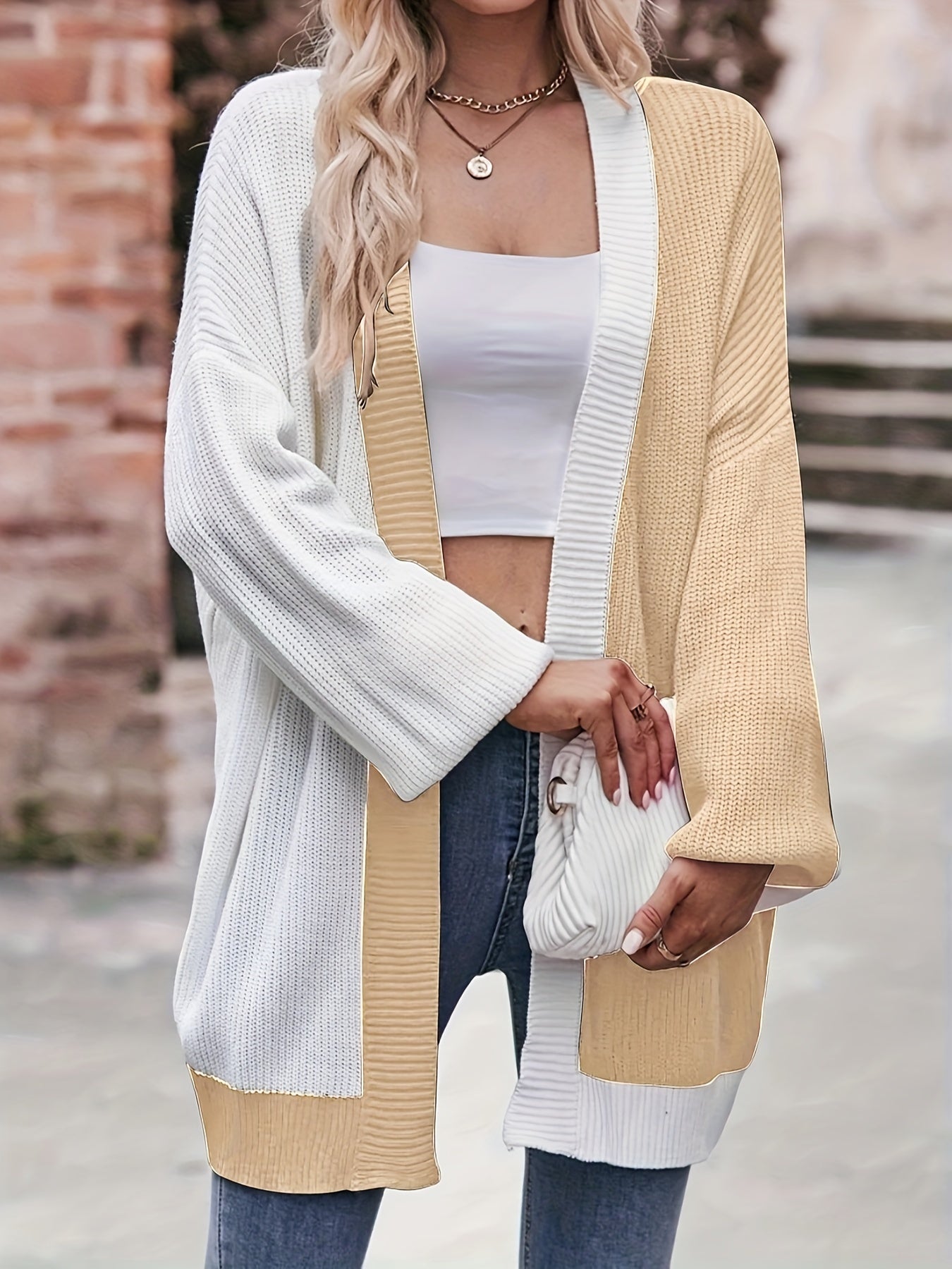  Colorblock Lantern Sleeve Cardigan