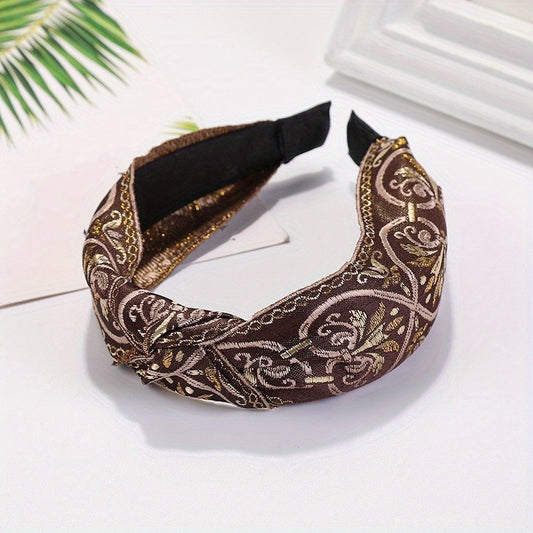 Embroidered Knot Decor Hair Hoop Wide Hair Band Floral Pattern Headband