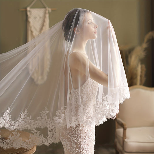 Double Layer Head Veil With Comb Floral Lace Edge Wedding Bridal Hair Accessorie