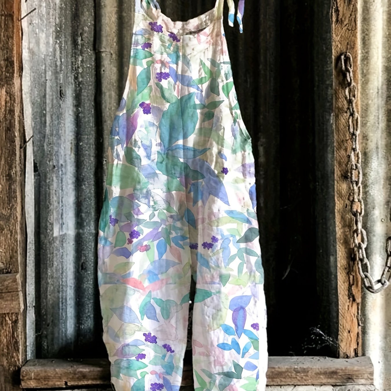  Floral Print Tie Shoulder Overalls