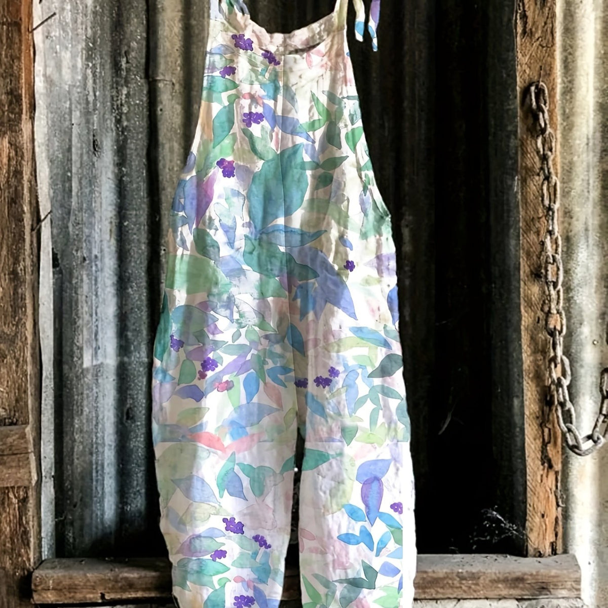  Floral Print Tie Shoulder Overalls