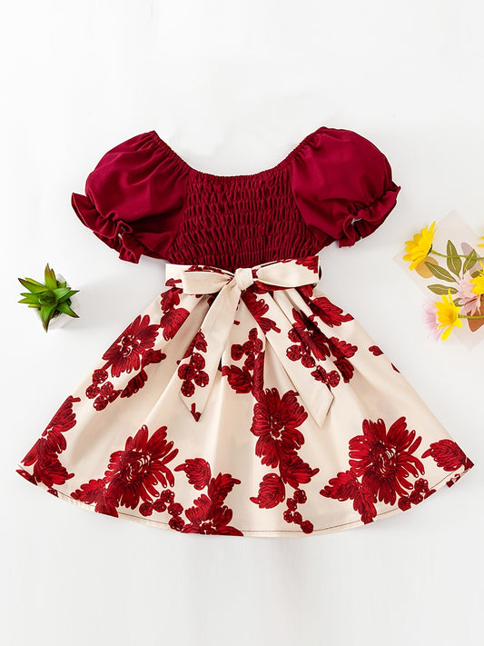 Girls Summer Party Dress Flower Print Puff Sleeves
