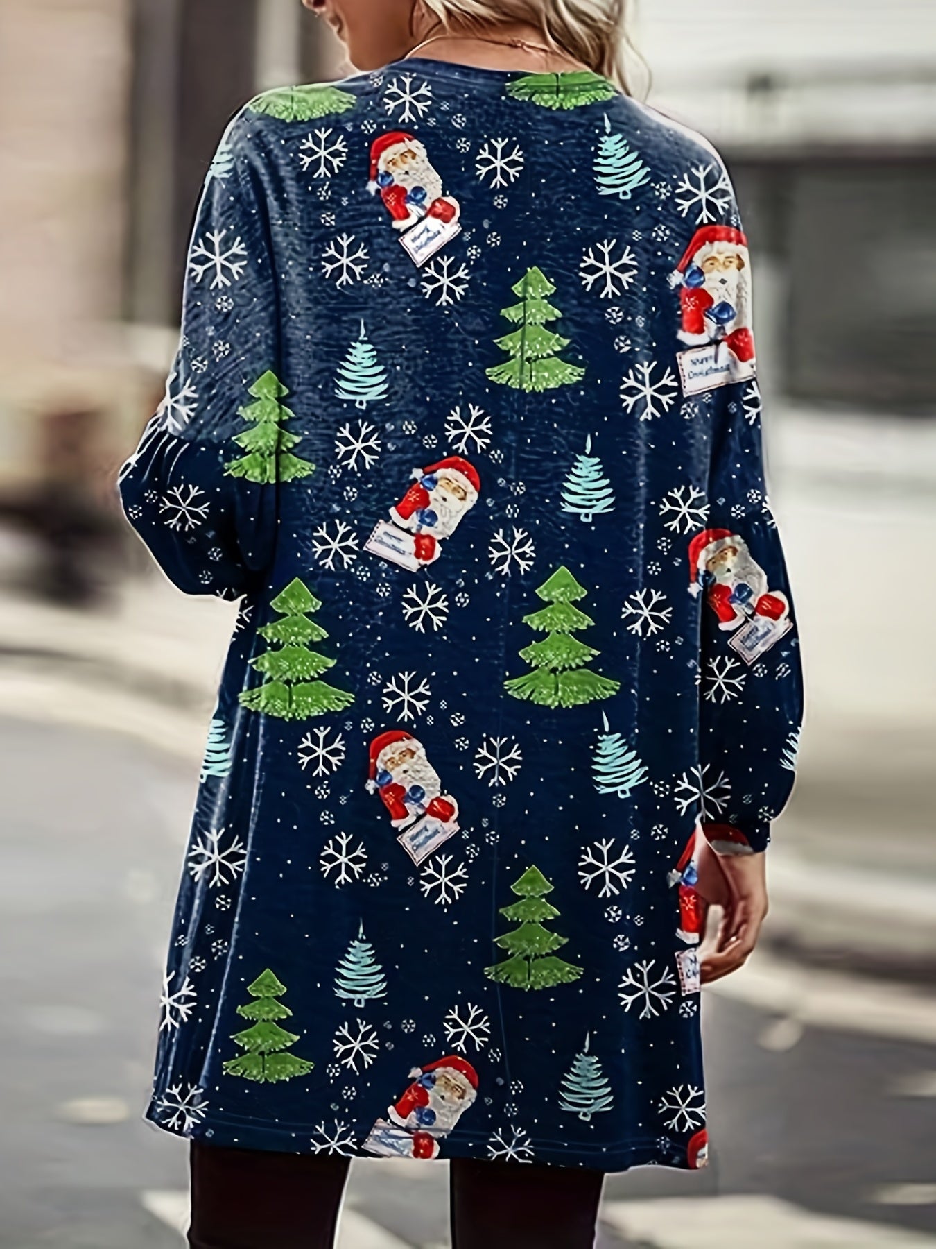  Christmas Santa Cardigan Women's Tree Print Open Front