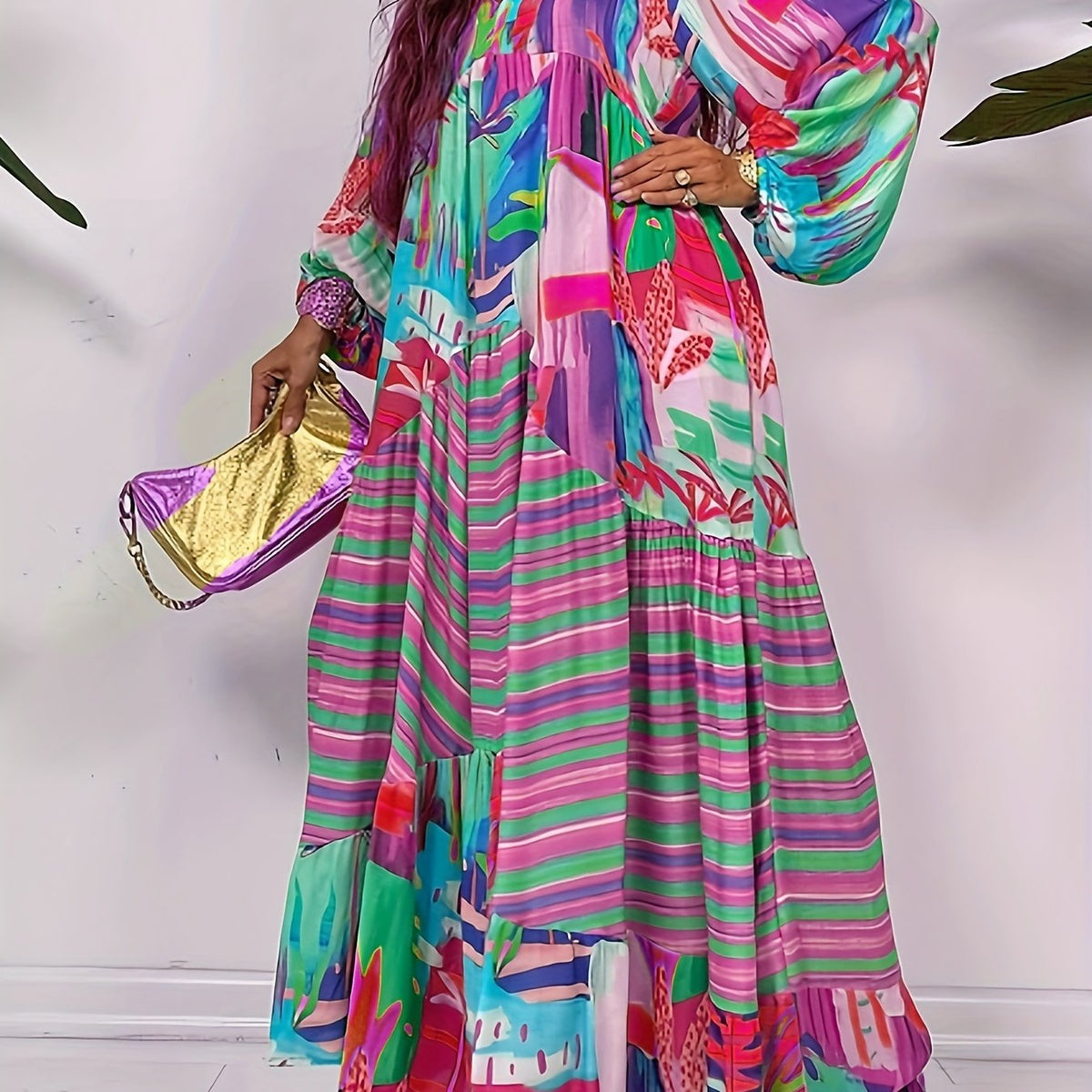  Allover Print Lantern Sleeve V Neck Maxi Dress