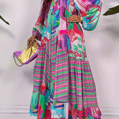  Allover Print Lantern Sleeve V Neck Maxi Dress