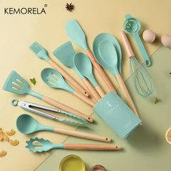 14pcs Silicone Utensil Set with Wooden Handle & Storage Bucket