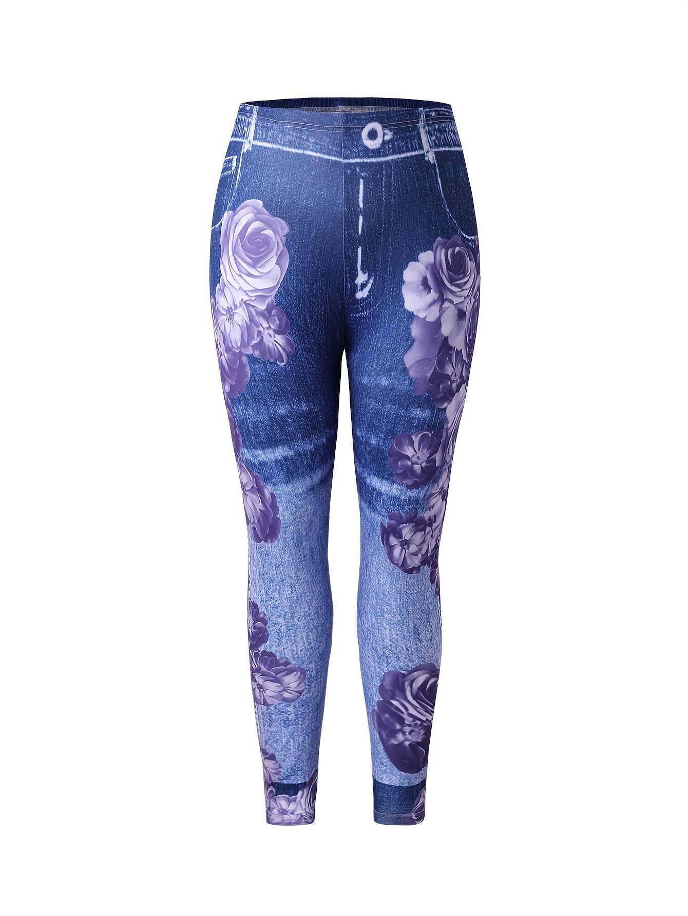  Floral & Denim Print Skinny Leggings