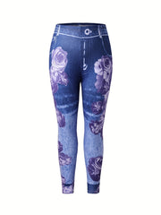  Floral & Denim Print Skinny Leggings