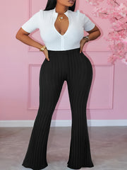  Ribbed High Rise Flared Leg Trousers