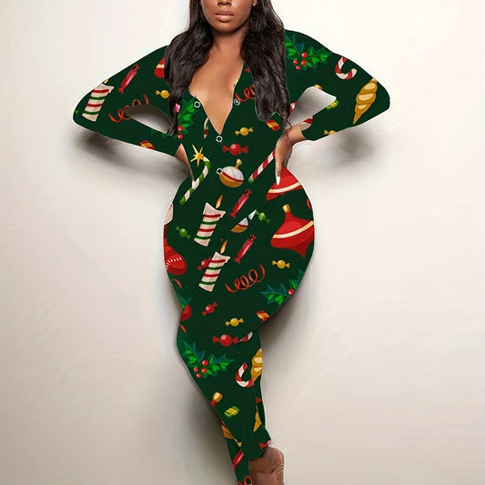 Christmas Print Lounge Jumpsuit Long Sleeve V Neck Buttons Jumpsuit