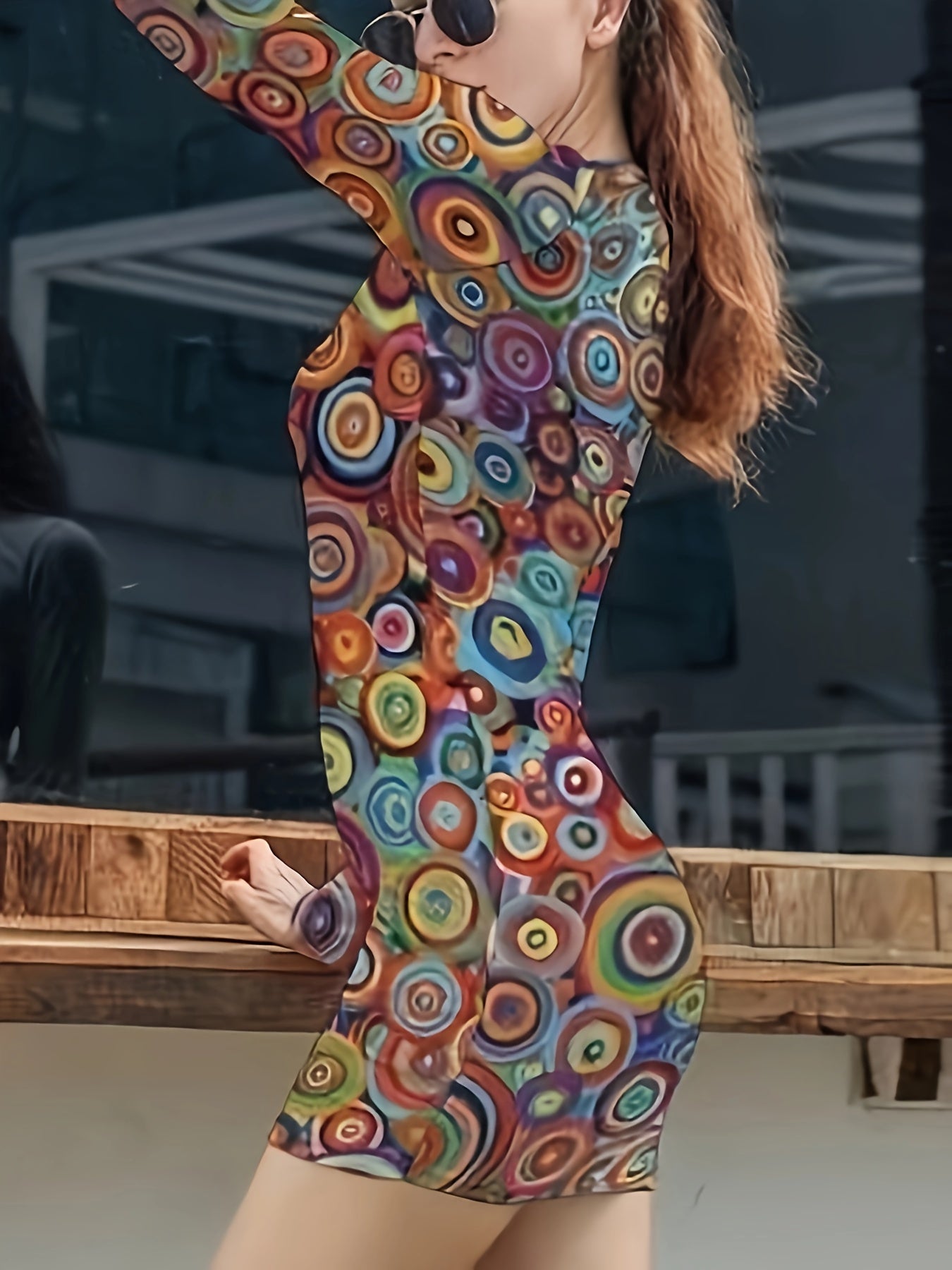 Women's Plus Allover Print Long Sleeve Round Neck Mini Slim Fit Dress
