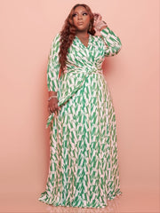  All Over Print V Neck Belted Wrap Maxi Dress Women's Plus