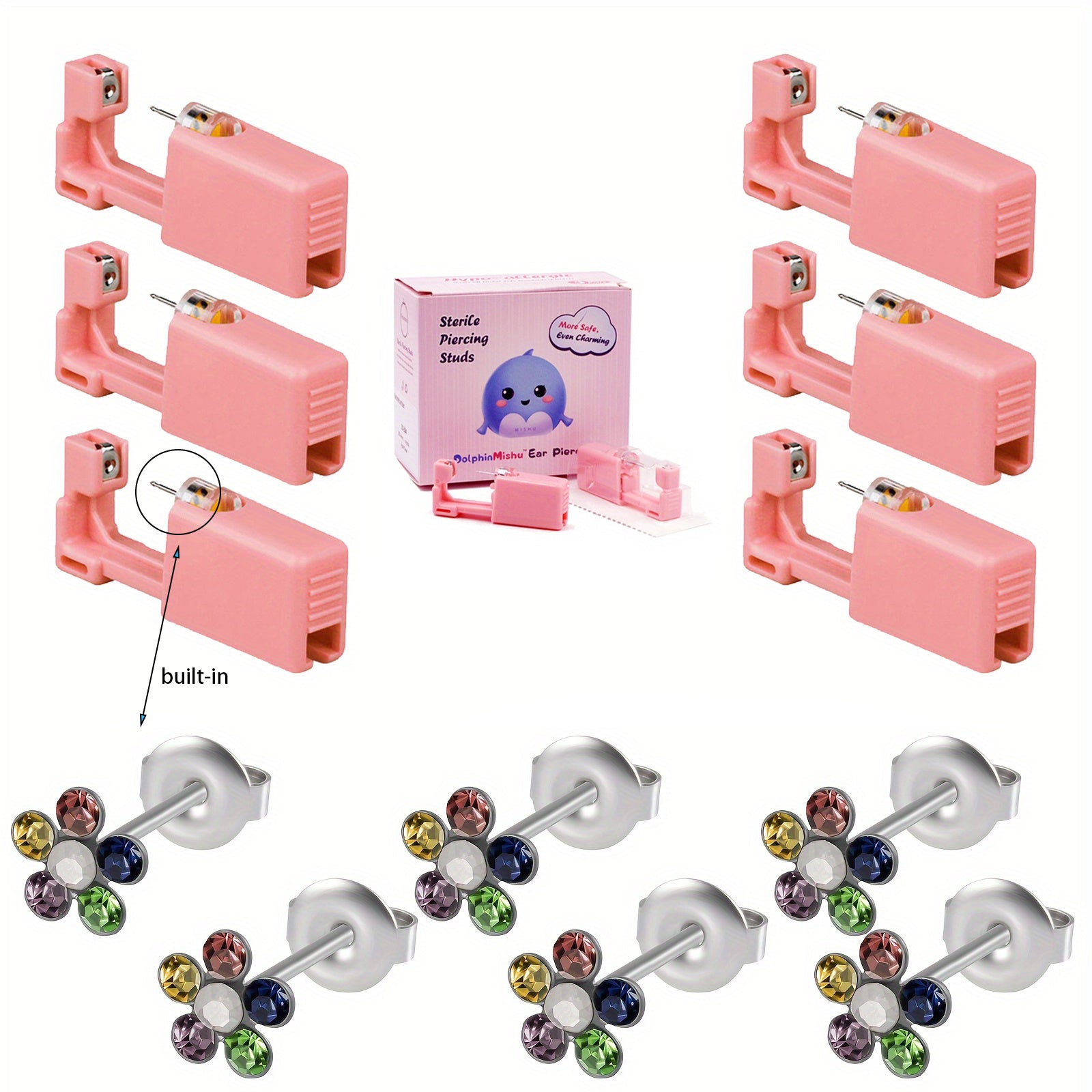 6PCS Pink Ear Piercing Kit Disposable Self Ear Piercing Gun Kit