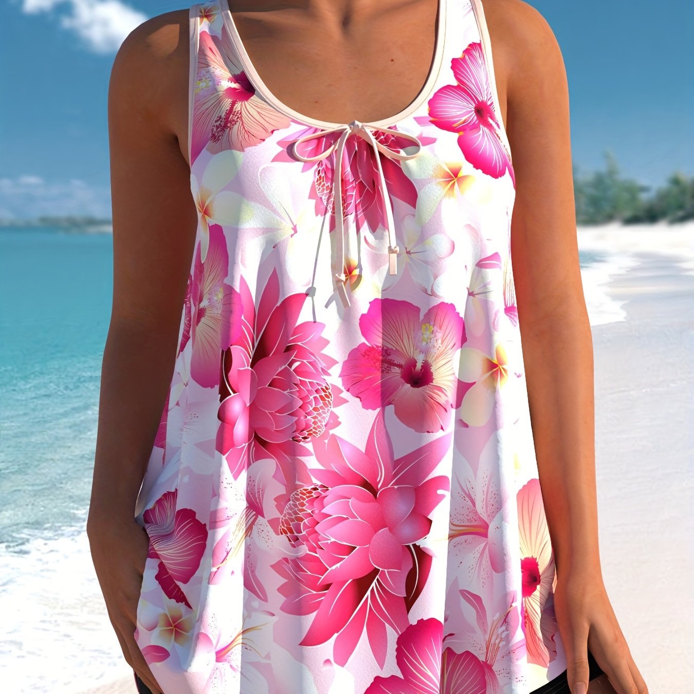 Women's Plus Floral Tankini Set w/ Tie Front Top & Shorts