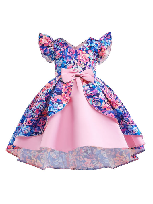 Girls Ruffled Sleeves Princess Dress Flowers Print Bow Decor