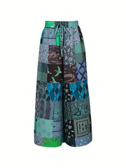  Colorblock Floral Print Wide Leg Pants