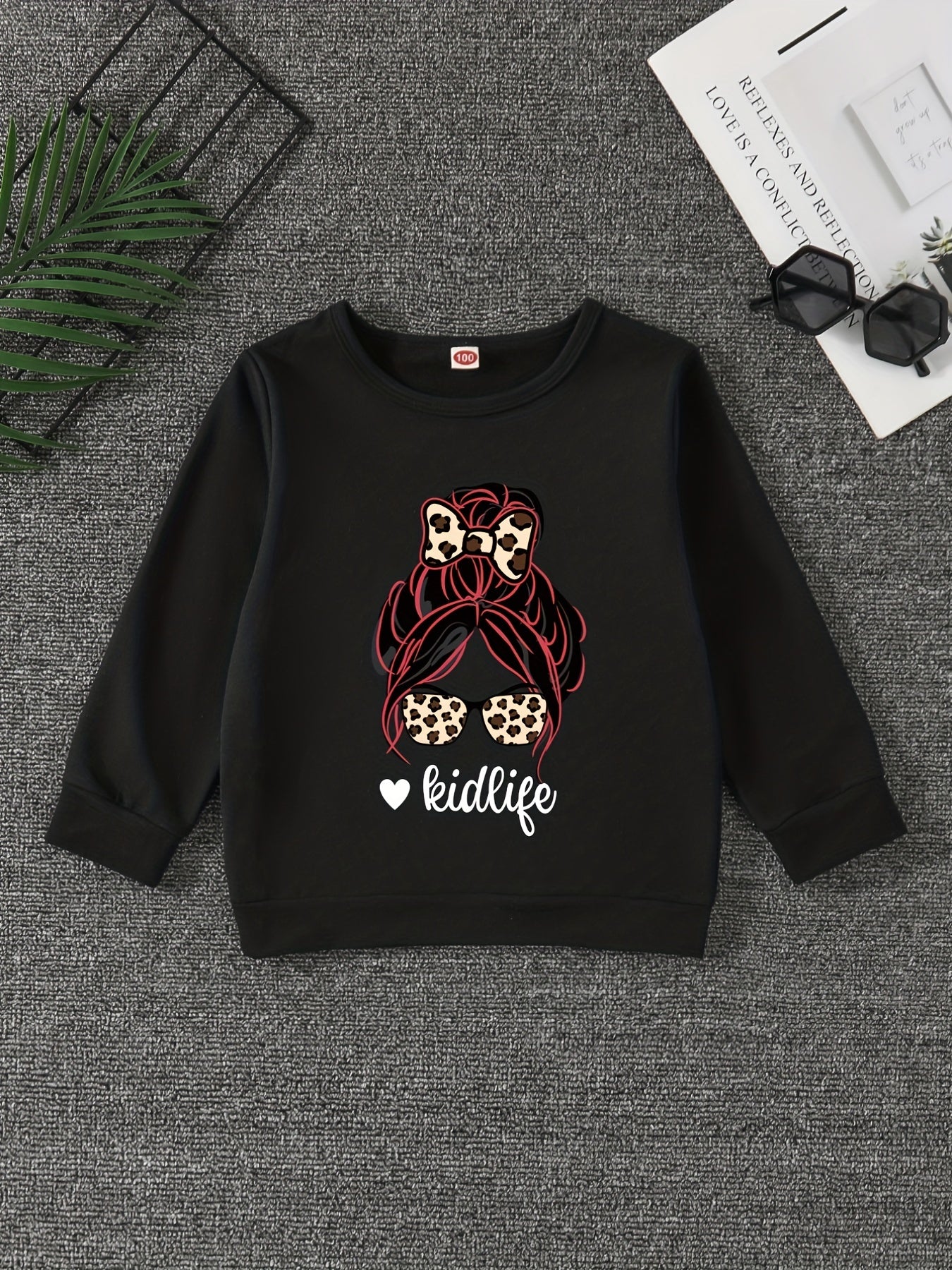 Girls' Leopard Portrait Crew Neck Sweatshirt Pullovers Kids Long Sleeve Tops