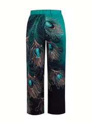  Peacock Print Drawstring Straight Leg Trousers