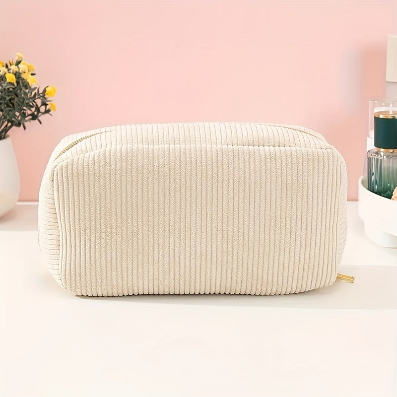Beige Corduroy Makeup Bag Zipper Travel Brush Holder Organizer