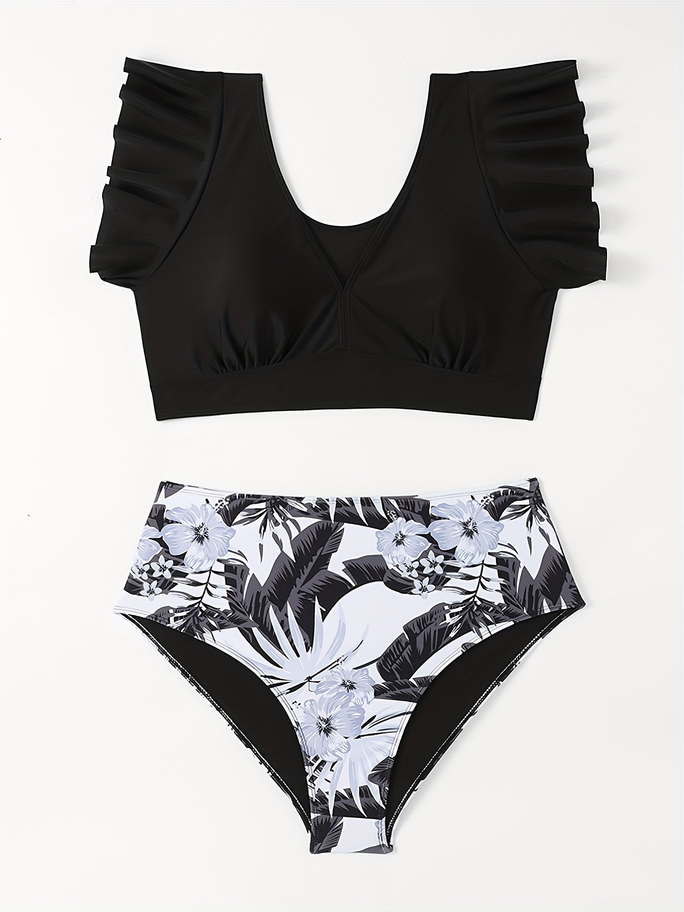  Vacay Tankini Set Women's Plus Solid Ruffle Sleeve V Neck Crop Top